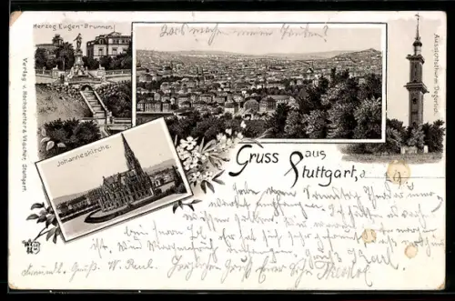 Lithographie Stuttgart, Johanneskirche, Herzog Eugen-Brunnen, Aussichtsturm Degerloch