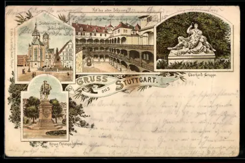 Lithographie Stuttgart, Stadtkirche & Schillerdenkmal, Hof des alten Schlosses, Eberhard-Gruppe