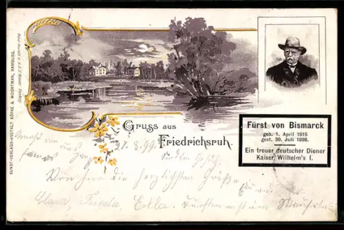 AK Friedrichsruh, Teilansicht vom Wasser aus mit Bismarckportrait