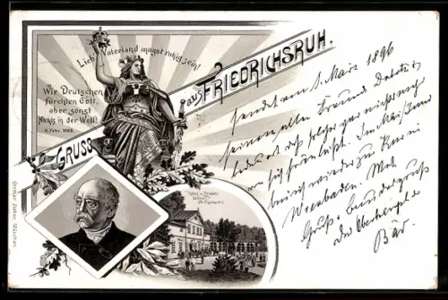 Lithographie Friedrichsruh, Hotel Werner, Inh. W. Engelhardt und Portrait von Bismarck