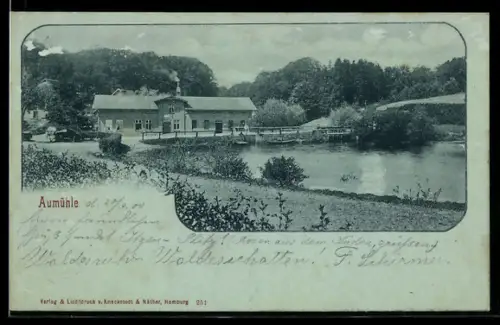 Mondschein-AK Aumühle, Teilansicht des Ortes mit Umgebung