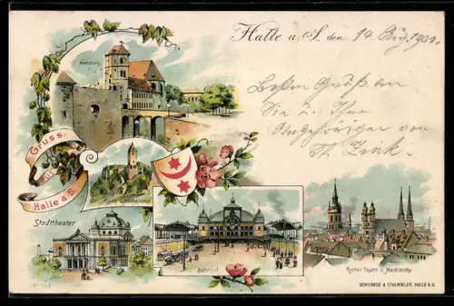 Lithographie Halle a. S., Bahnhof, Moritzburg, Stadttheater