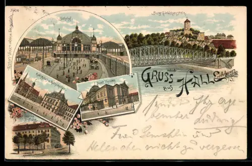 Lithographie Halle a. S., Burg Giebichenstein, Bahnhof, Stadt Theater, Rathhaus u. Rathskeller