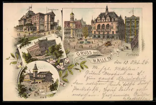 Lithographie Halle a. S., Partie am Marktplatz, Universität, Stadttheater und Peissnitz