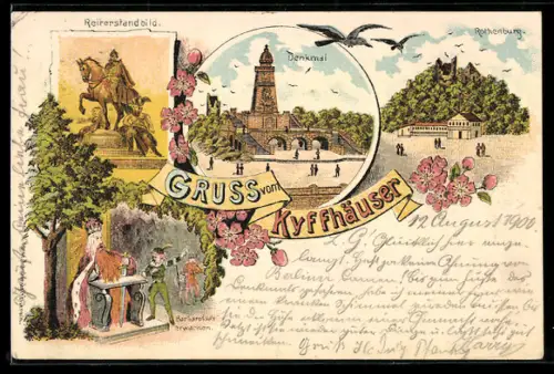 Lithographie Kyffhäuser, Denkmal, Reiterstandbild, Rothenburg und Abbildung von Barbarossas Erwachen