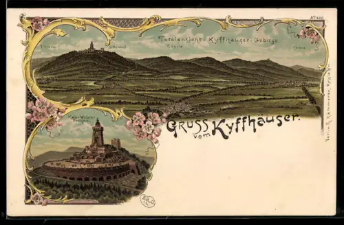 Lithographie Kyffhäuser, Kaiser-Wilhelm-Denkmal, Panorama um 1900