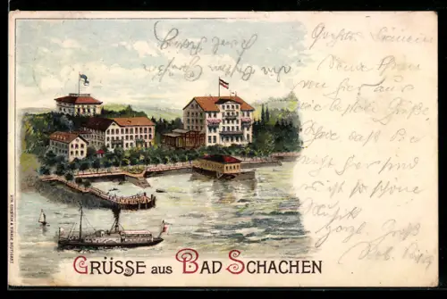 Lithographie Bad Schachen, Dampfer passiert den Ort
