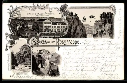 Lithographie Thale, Gasthaus Rosstrappe, Hexentanzplatz