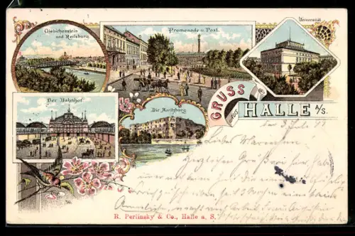 Lithographie Halle / Saale, Promenade mit Post, Bahnhof, Universität & Moritzburg