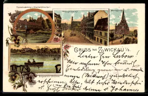 Lithographie Zwickau i. S., Partie am Hauptmarkt, Moritzkirche, Paradiesbrücke und Ebertschlösschen