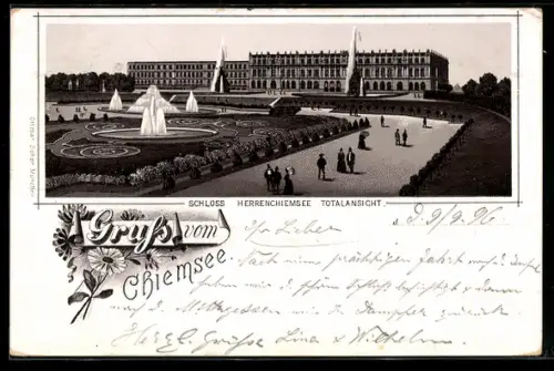 Lithographie Herrenchiemsee, Totalansicht des Schlosses, Springbrunnen