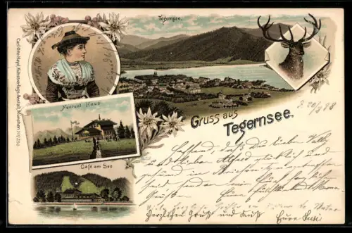 Lithographie Tegernsee, Totalansicht des Ortes, Neureut-Haus und Café am See