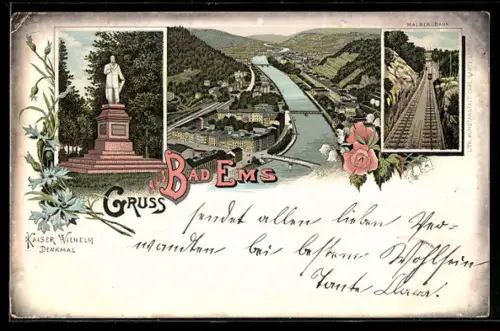 Lithographie Bad Ems, Kaiser Wilhelm Denkmal, Totalansicht, Malbergbahn