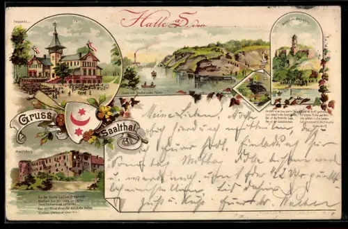 Lithographie Halle / Saale, Restaurant Peissnitz, Moritzburg