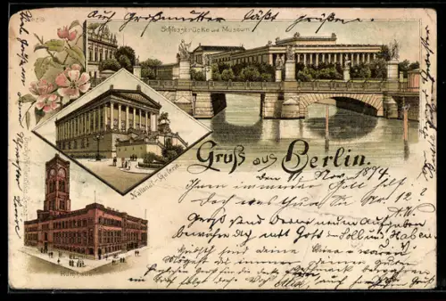 Lithographie Berlin, Schlossbrücke u. Museum, National-Galerie, Rotes Rathaus
