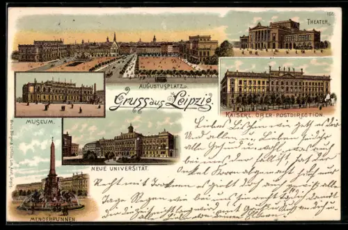 Lithographie Leipzig, Das Theater, Der Augustusplatz, Das Museum, Die neue Universität, Der Mendebrunnen