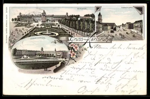Lithographie Karlsruhe, Partie am Marktplatz, Schloss und Friedrichsplatz