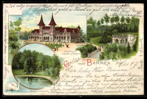 Lithographie Barmen, Schwanenteich, Stadthalle auf dem Plateau, Ringeldenkmal