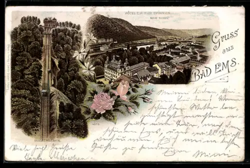 Lithographie Bad Ems, Malbergbahn, Hotel z. d. vier Türmen, Neue Kirche