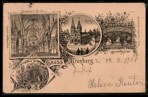 AK Arenberg, Innen- und Aussenansicht der Kirche, Bildnis schlafender Jünger und Oelberg