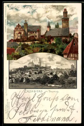 Künstler-AK Carl Münch: Kronberg, Ortsansichten mit Schloss