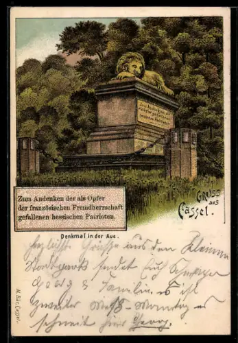 Lithographie Kassel, Denkmal in der Aue, zum Andenken an gefallene Hessen