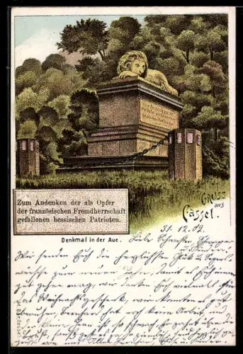 Lithographie Kassel, Denkmal in der Aue, zum Andenken an gefallene Hessen