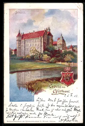 AK Güstrow, Blick zum Schloss, Wappen