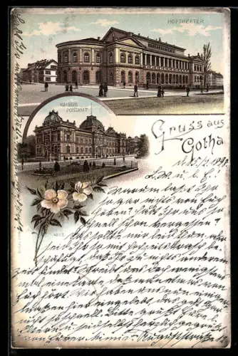 Lithographie Gotha, Hoftheater, Kaiserliches Postamt