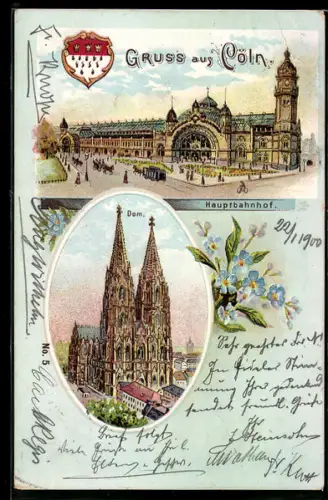 Lithographie Köln, Hauptbahnhof, Dom, Wappen