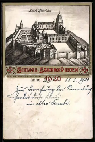 Lithographie Saarbrücken, alte Darstellung vom Schloss anno 1620