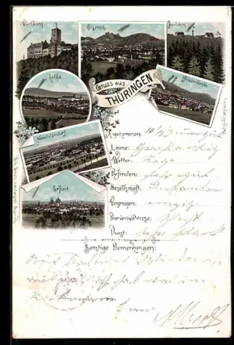 Lithographie Neudietendorf, Erfurt, Gotha, Eisenach