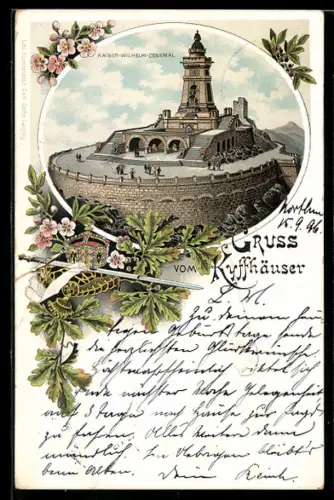 Lithographie Kyffhäuser, Besucher am Kaiser Wilhelm-Denkmal