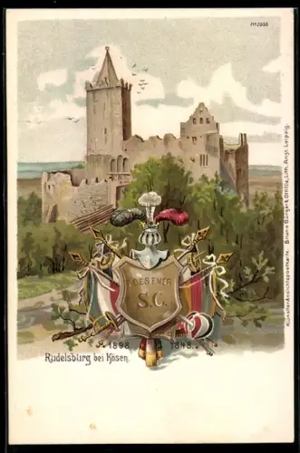 Lithographie Kösen, Blick zur Rudelsburg, Wappen