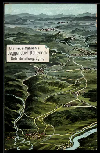 Künstler-AK Eugen Felle: Eging, Die Neue Bahnlinie Deggendorf-Kalteneck, Ortsansicht mit Eming, Iggensbach & Hengersberg