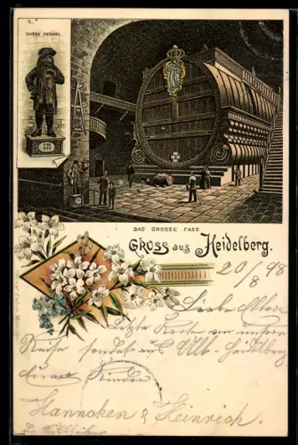 Lithographie Heidelberg, das Grosse Fass im Heidelberger Schloss, der Zwerg Perkeo