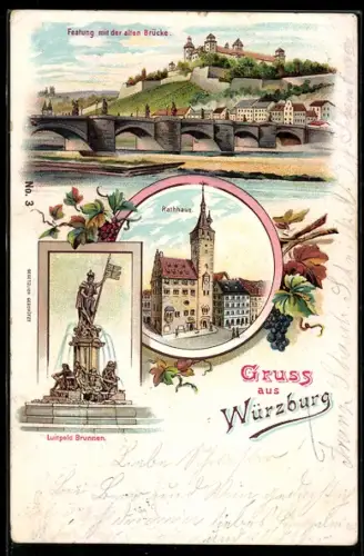 Lithographie Würzburg, Luitpold Brunnen. Rathaus, Festung mit der alten Brücke
