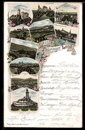 Lithographie Erfurt, Wartburg, Coburger Feste, Eisenach, verschiedene Ortsansichten