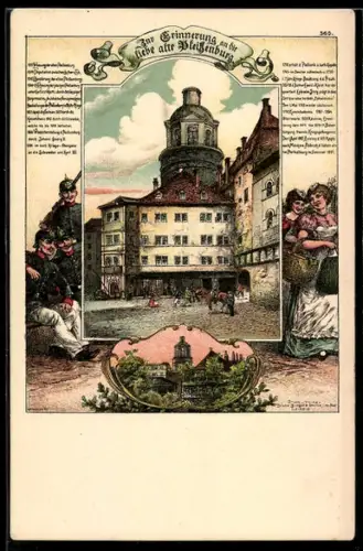 Lithographie Leipzig, Blick auf die Pleissenburg, Soldaten schauen Leipziger Frauen nach