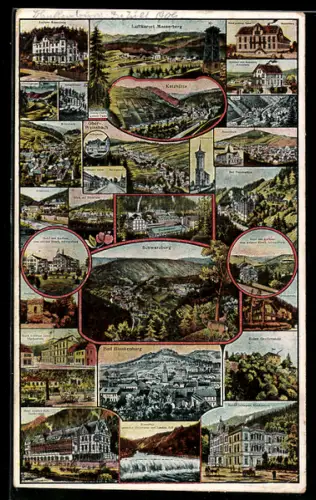 AK Schwarzburg, Gesamtansicht, Ruine Greifenstein, Hotel und Kurhaus zum weissen Hirsch, weitere Ansichten
