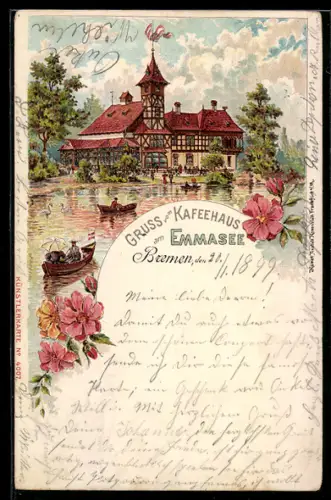 Lithographie Bremen, Gaststätte Kaffeehaus am Emmasee, Seepartie mit Ruderbooten