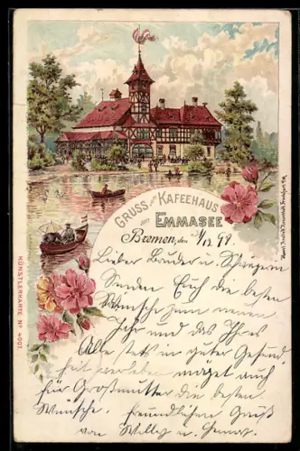 Lithographie Bremen, Gaststätte Kaffeehaus am Emmasee mit Bootsteich, Blumen