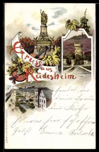 Lithographie Rüdesheim am Rhein, Ortsansicht, Denkmal, Burgturm