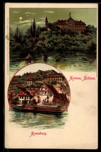 Lithographie Meersburg, Dampfer und Schloss Mainau