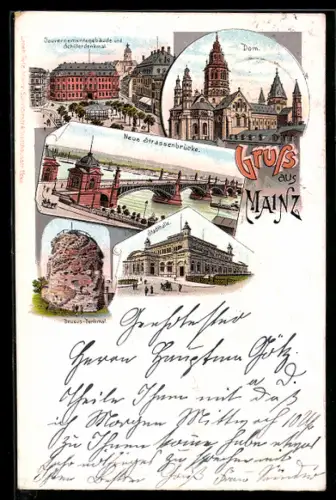 Lithographie Mainz, Dom, Neue Strassenbrücke, Stadthalle, Gouvernementsgebäude und Schillerdenkmal