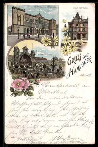 Lithographie Hannover, Provinzial-Museum, Haus der Väter, Musikpavillon im Tivoli