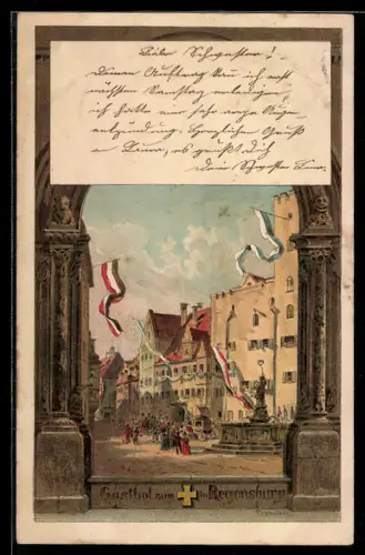 Lithographie Regensburg, Partie am Gasthof zum Kreuz