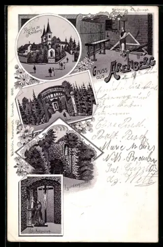 Lithographie Arenberg, Lourdesgrotte, Kirche, Eingang zum Oelberg, St. Antonius, Werkstätte d. h. Joseph