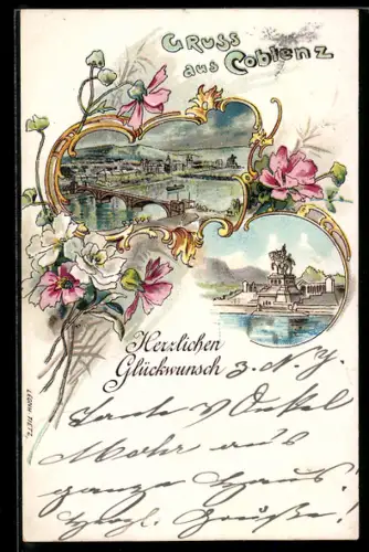 Lithographie Koblenz, Moselpartie und Deutsches Eck