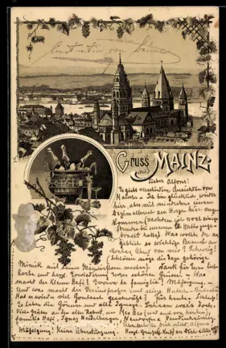 Lithographie Mainz, Gesamtansicht, Weinreben